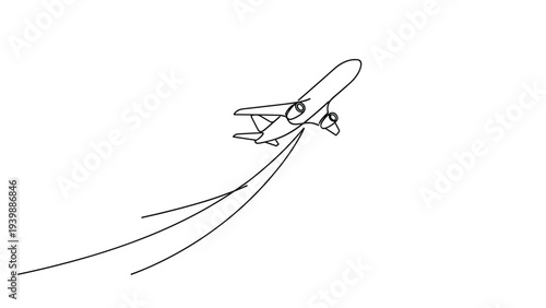 Minimalist continuous one-line drawing of a jet airplane soaring upwards with elegant flight trails against a clean white background.