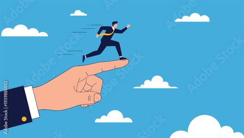 Professional man in a suit running along the top of a massive human finger pointing forward into a bright blue sky with white clouds.