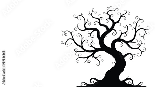Detailed black silhouette of a spooky dead tree with intricate curly branches and swirling twigs against a plain white background.
