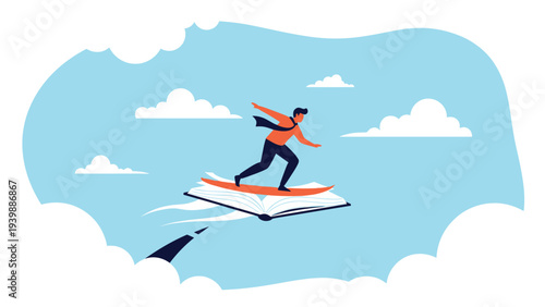 Adventurous man wearing a tie surfing on a large open book gliding through a blue sky filled with soft clouds to signify imagination.