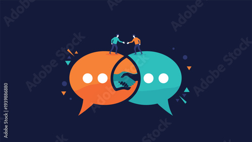 Two professionals shaking hands on top of overlapping orange and blue speech bubbles representing successful communication and agreement.