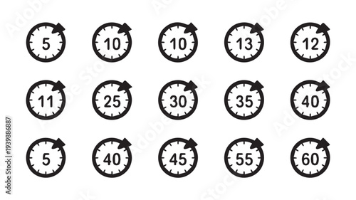 A grid of 16 minimalist black and white stopwatch illustrations displaying various times