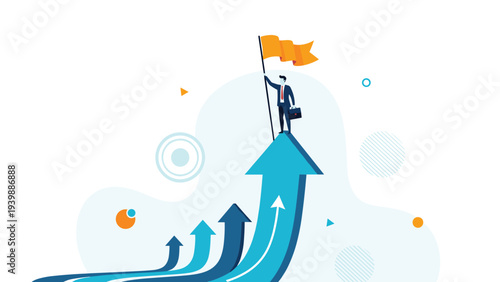 Victorious businessman standing on the tip of a giant blue upward arrow while holding an orange flag to celebrate business growth and success.