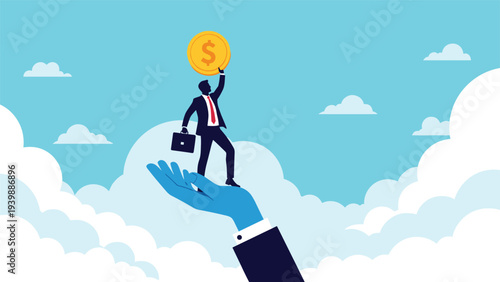 Professional man standing on a massive blue hand while lifting a large gold dollar coin towards a bright sky with white clouds in the distance.