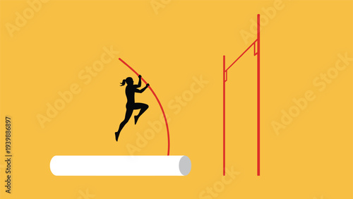Silhouette of a female athlete pole vaulting over a high bar against a bright yellow background representing high goals and athletic skill.