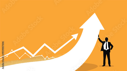 Successful man in silhouette standing confidently and leaning against a massive white upward trending arrow on a bright orange background.