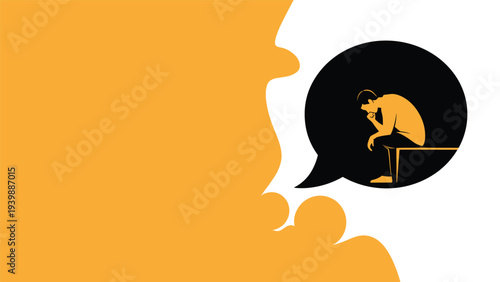 Side profile of a large human face with a circular speech bubble containing a silhouette of a man sitting and thinking about big ideas.