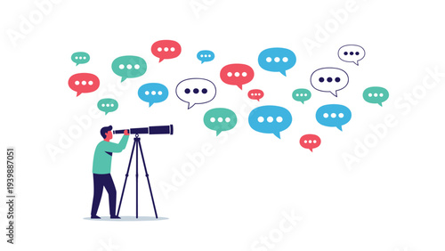 Man looking through a large telescope at a group of colorful speech bubbles representing social media monitoring and public opinion research.
