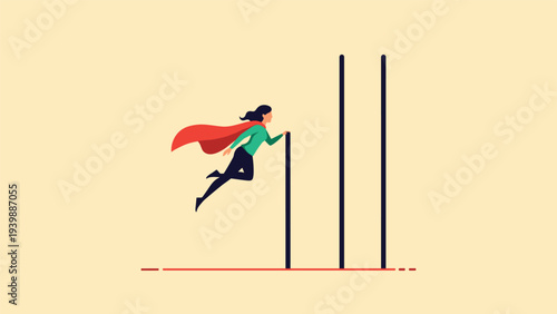 Female superhero character in a green suit and red cape flying towards vertical poles representing challenges and professional hurdles to overcome.