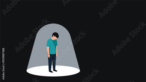 Businessman standing in a vast landscape with a heavy ball and chain attached to his leg representing debt or professional burden and stress.