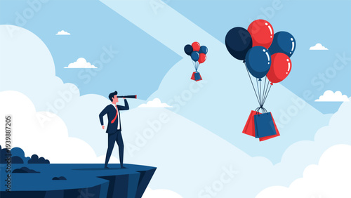 Business professionals using ladders to climb different levels of a bar chart with one person reaching the peak with a victory flag.