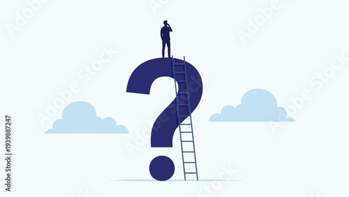 Professional worker stands on top of a giant question mark with a ladder to symbolize finding answers and solving complex business challenges.