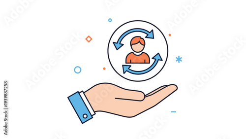 Human resource and customer retention concept features a hand holding a person icon within a circular arrow to represent ongoing client care.