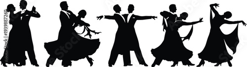 Set of black silhouettes of professional ballroom dancers performing elegant dance moves in formal attire isolated on a white background