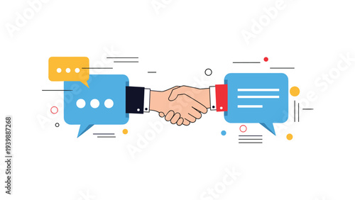 Concept of business communication and agreement shows two speech bubbles shaking hands to represent successful networking and digital negotiation.