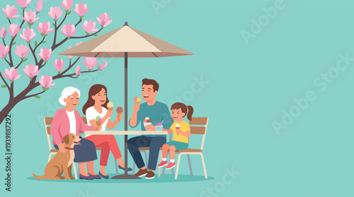 Family enjoying a meal together outdoors under a tree.