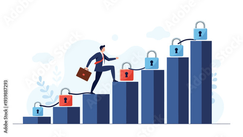 Successful businessman in a suit standing on the top of a podium holding a golden trophy cup in the air representing first place achievement.