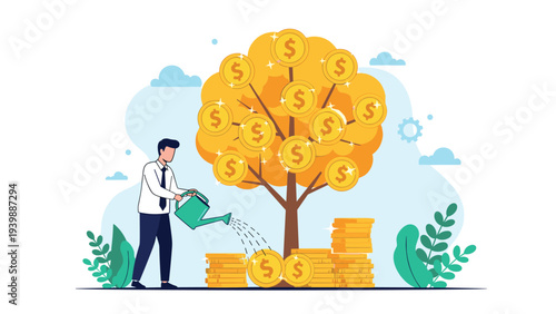 Businessman uses a watering can to nurture a tree bearing golden dollar coins to represent financial growth, investment, and long term wealth.