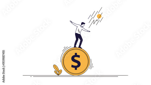 Determined man carefully balances on top of a giant rolling golden dollar coin to symbolize the struggle and skill needed for financial stability.
