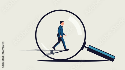 Businessman walking across a plain background is seen through a magnifying glass to symbolize deep inspection, analysis, and quality auditing.