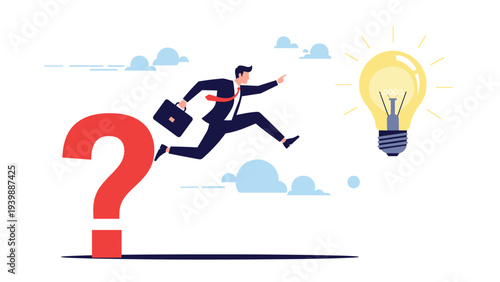 Businessman jumps from a giant red question mark towards a glowing light bulb to symbolize leaving uncertainty and moving toward a new idea.
