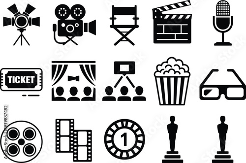 Cinema and movie icon set vector, film production symbols including camera, clapperboard, popcorn, ticket, director chair, award