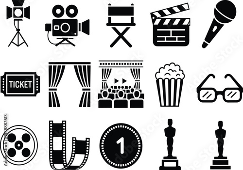 Cinema movie icon collection vector set featuring camera, clapperboard, popcorn, ticket, microphone, film reel, director chair, award symbols