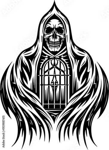 SVG gothic skull reaper with hellfire tattoo design. Grim Reaper with Skull and Cloak Design in Black and White