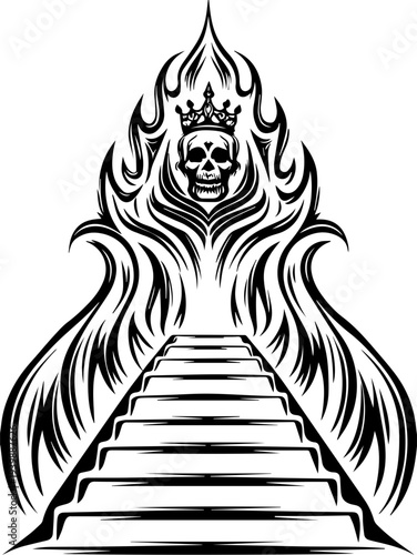 SVG gothic skull reaper with hellfire tattoo design. Skull Throne Design with Flames and Stairs Illustration