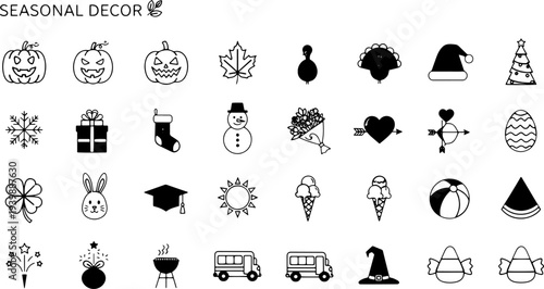 Collection of Simple Black Seasonal Icons.