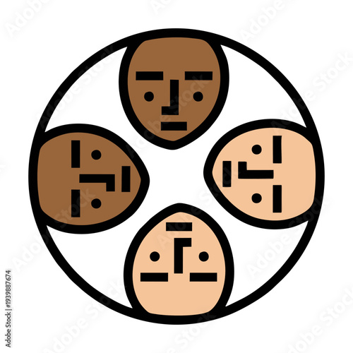 A circular icon depicting four stylized human faces with diverse skin tones, symbolizing global community and multiculturalism.