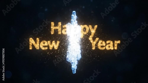 Glowing golden particles illuminate a sparkling snowflake graphic forming the celebratory happy new year greeting against a dark abstract background perfect for winter holidays.