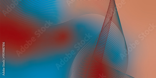 Abstract DarkSalmon, DarkRed and Teal glowing streams bending smoothly over a deep shadowy background with fine glittering particles, futuristic technology atmosphere, vector design.