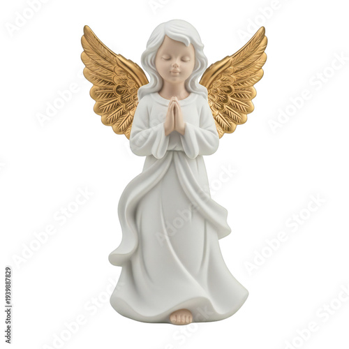 Elegant angel figurine with outstretched wings and serene expression isolated on transparent background