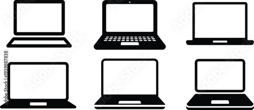 Laptop computer silhouette icon set, modern notebook devices collection isolated, technology workspace equipment vector illustration for digital office design
