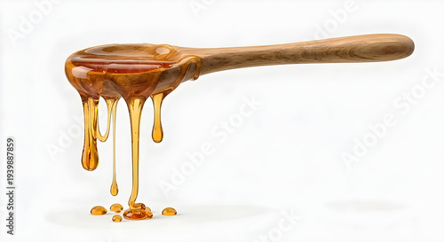 Honey Dripping from Wooden Spoon Isolated on White Background