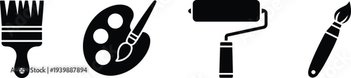 Painting tools icon set vector featuring brush, palette, roller and paintbrush symbols for art, decoration and creative design