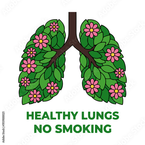 A vibrant illustration of healthy lungs made from green leaves and pink flowers, with an anti-smoking message.