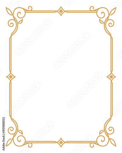 Elegant vintage gold ornamental frame with floral swirls and decorative corners, ideal for invitations, certificates, and classic designs.