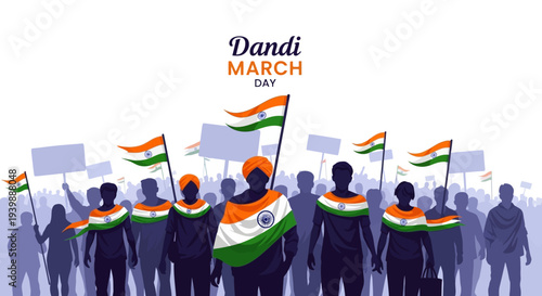 Illustration of people protesting with Indian flags and signs on Dandi March Day, a significant Indian independence movement.