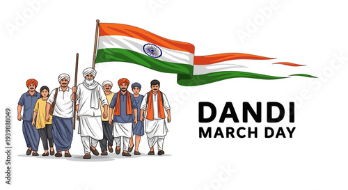 Illustration of people marching with the Indian flag on Dandi March Day with a vector design conveying a sense of protest and patriotism.