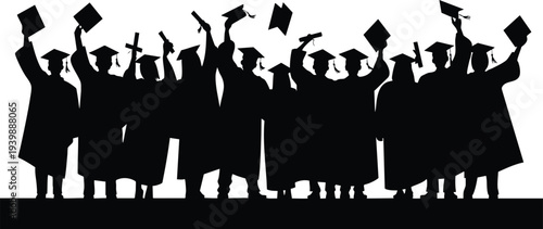 Minimalist Commencement Ceremony Vector Art, Higher Education Achievement and Victory Symbol, Crowd of Graduates Tossing Caps Graphic, vector, illustration, silhouette.