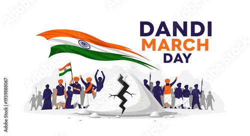 Illustration of people marching with the Indian flag on Dandi March Day, a protest against British salt tax led by Mahatma Gandhi, with a stylized design and vector graphics.