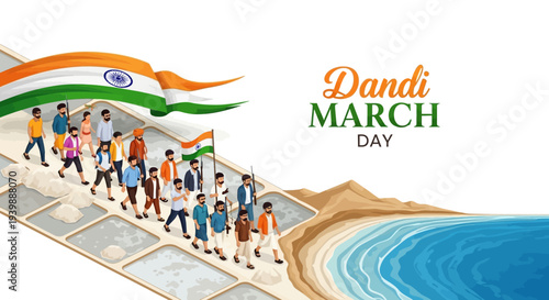 Illustration of people marching on a road with Indian flag on Dandi March Day, a protest against British salt tax led by Mahatma Gandhi in 1930.