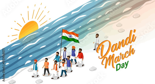 Illustration of people marching with a flag on Dandi March Day, a protest event led by Mahatma Gandhi, with a sunny background and a sense of determination and patriotism.