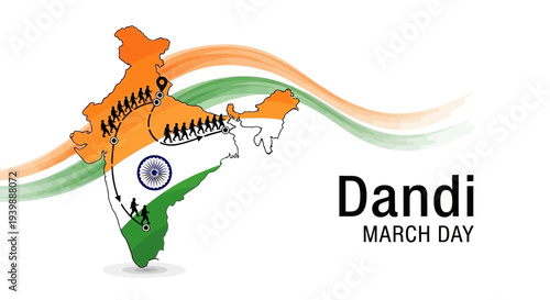 Illustration of a map of India with the Indian flag colors and Dandi March Day text on a white background, symbolizing Mahatma Gandhi's salt march protest.