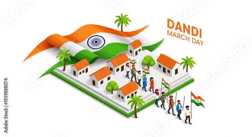 Isometric illustration of people marching towards buildings with Indian flags on Dandi March Day, a protest against British salt tax led by Mahatma Gandhi.