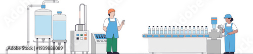 Bottled water factory production line illustration with workers, purification tanks, conveyor system, industrial processing, beverage manufacturing and packaging workflow