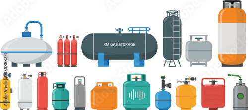 Industrial gas cylinders tanks and storage containers set including oxygen propane LPG pressure vessels vector illustration isolated equipment collection