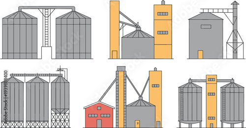 Isometric agricultural grain silo collection with farm storage buildings, grain processing facilities, industrial farming infrastructure and harvest supply system